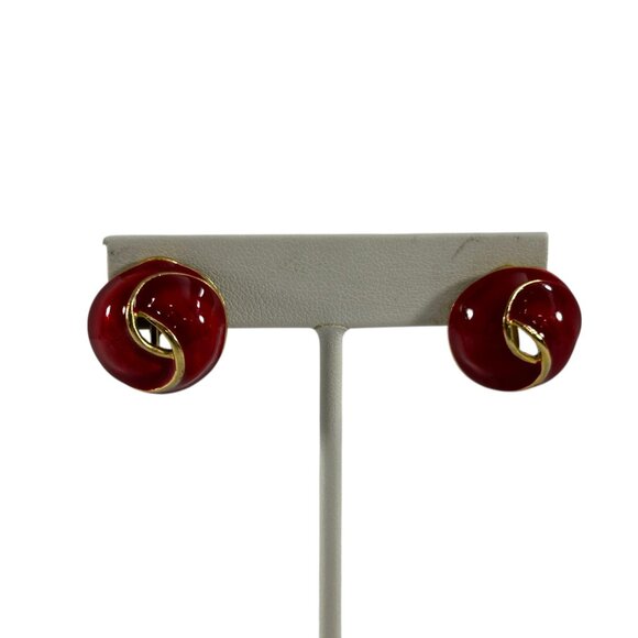 Vintage Red Enamel Clip On Earrings Gold Tone Swirl Knot Design Bold Statement - Picture 2 of 6